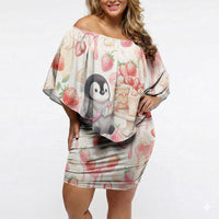 Sweet Crime Cute Penguin Holding Knife Off Shoulder Short Dress Funny Strawberry Cake Graphic With Pastel Dessert Pattern