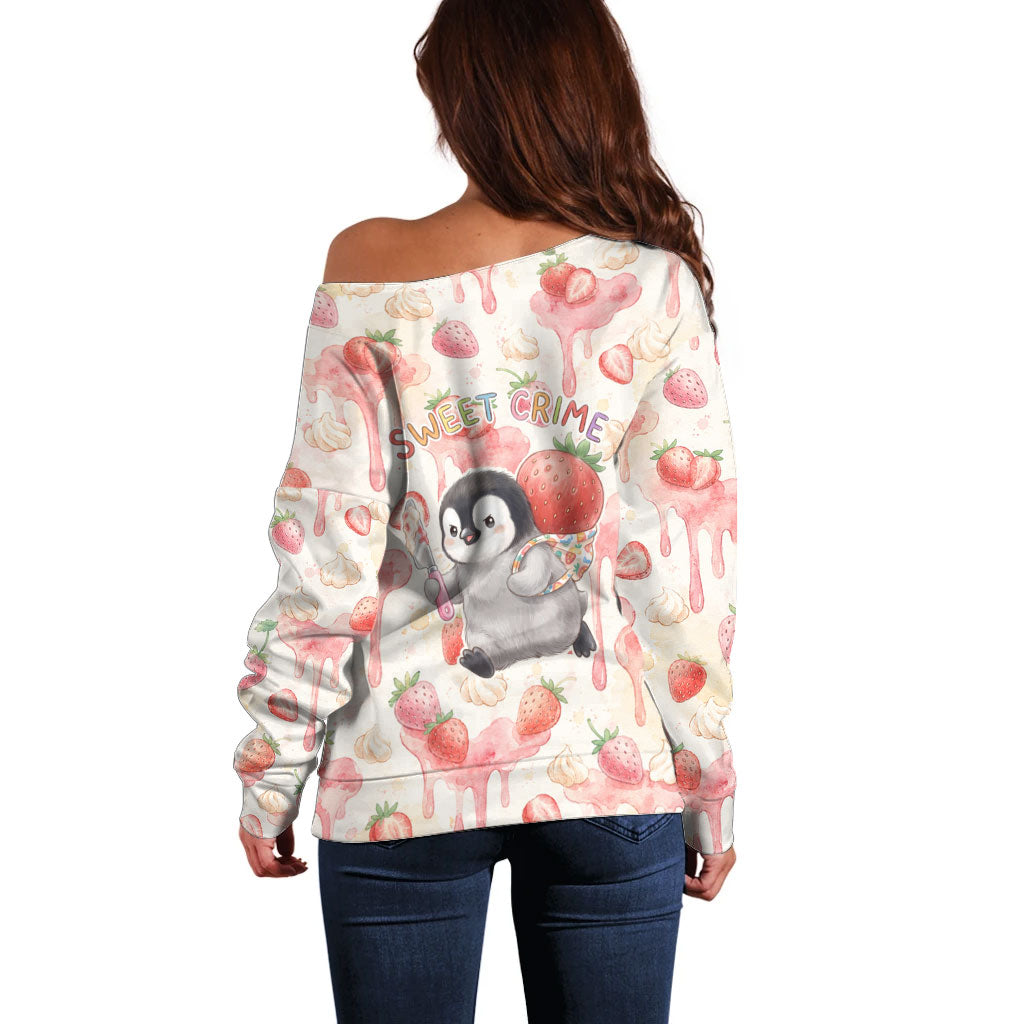 Sweet Crime Cute Penguin Holding Knife Off Shoulder Sweater Funny Strawberry Cake Graphic With Pastel Dessert Pattern