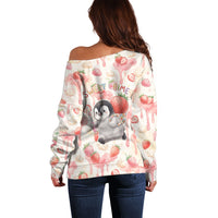 Sweet Crime Cute Penguin Holding Knife Off Shoulder Sweater Funny Strawberry Cake Graphic With Pastel Dessert Pattern