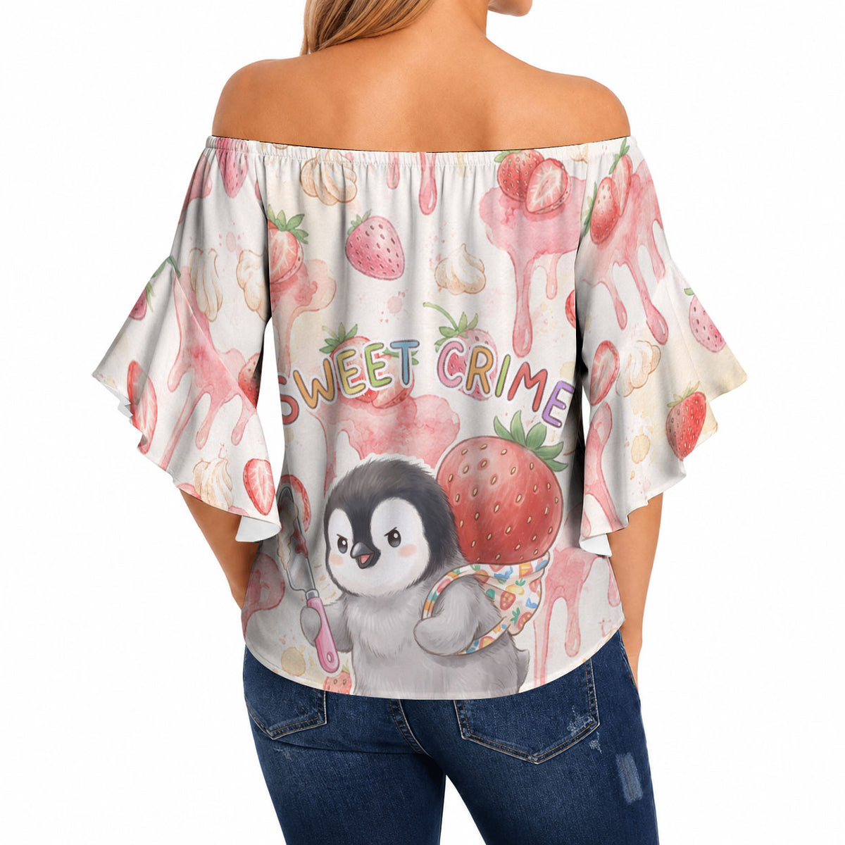 Sweet Crime Cute Penguin Holding Knife Off Shoulder Wrap Waist Top Funny Strawberry Cake Graphic With Pastel Dessert Pattern