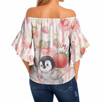 Sweet Crime Cute Penguin Holding Knife Off Shoulder Wrap Waist Top Funny Strawberry Cake Graphic With Pastel Dessert Pattern