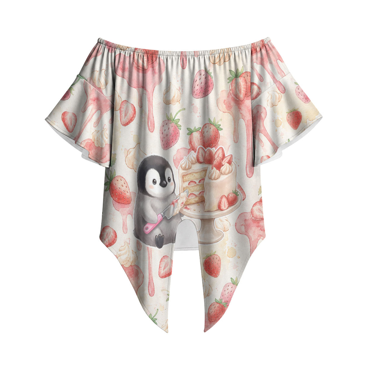 Sweet Crime Cute Penguin Holding Knife Off Shoulder Wrap Waist Top Funny Strawberry Cake Graphic With Pastel Dessert Pattern