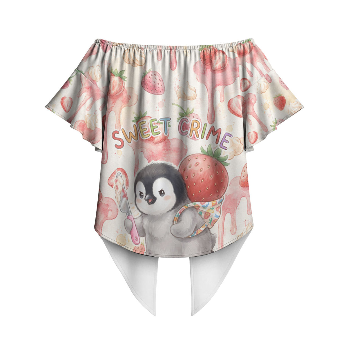 Sweet Crime Cute Penguin Holding Knife Off Shoulder Wrap Waist Top Funny Strawberry Cake Graphic With Pastel Dessert Pattern