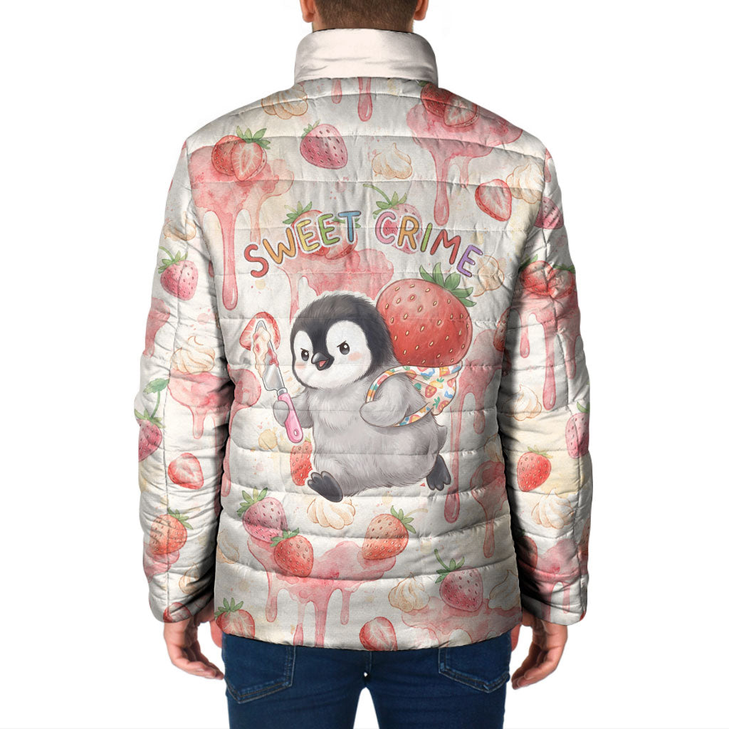 Sweet Crime Cute Penguin Holding Knife Padded Jacket Funny Strawberry Cake Graphic With Pastel Dessert Pattern