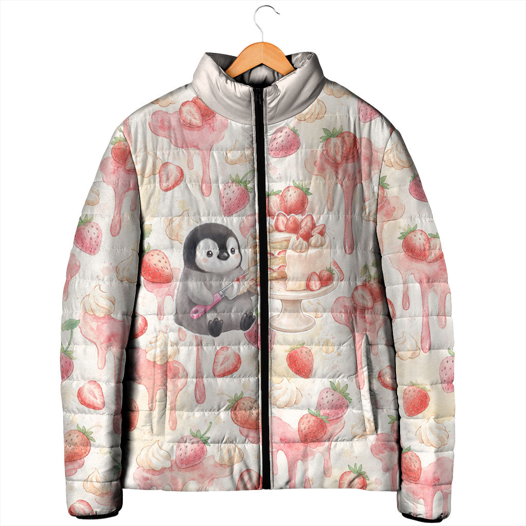 Sweet Crime Cute Penguin Holding Knife Padded Jacket Funny Strawberry Cake Graphic With Pastel Dessert Pattern