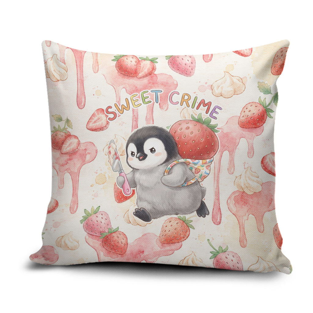 Sweet Crime Cute Penguin Holding Knife Pillow Cover Funny Strawberry Cake Graphic With Pastel Dessert Pattern