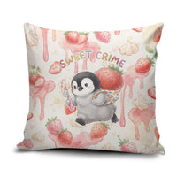 Sweet Crime Cute Penguin Holding Knife Pillow Cover Funny Strawberry Cake Graphic With Pastel Dessert Pattern