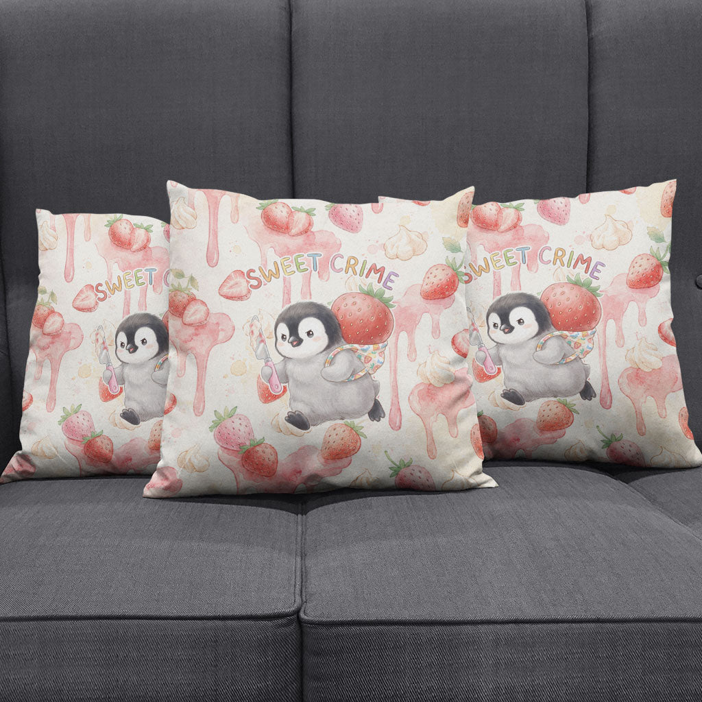 Sweet Crime Cute Penguin Holding Knife Pillow Cover Funny Strawberry Cake Graphic With Pastel Dessert Pattern