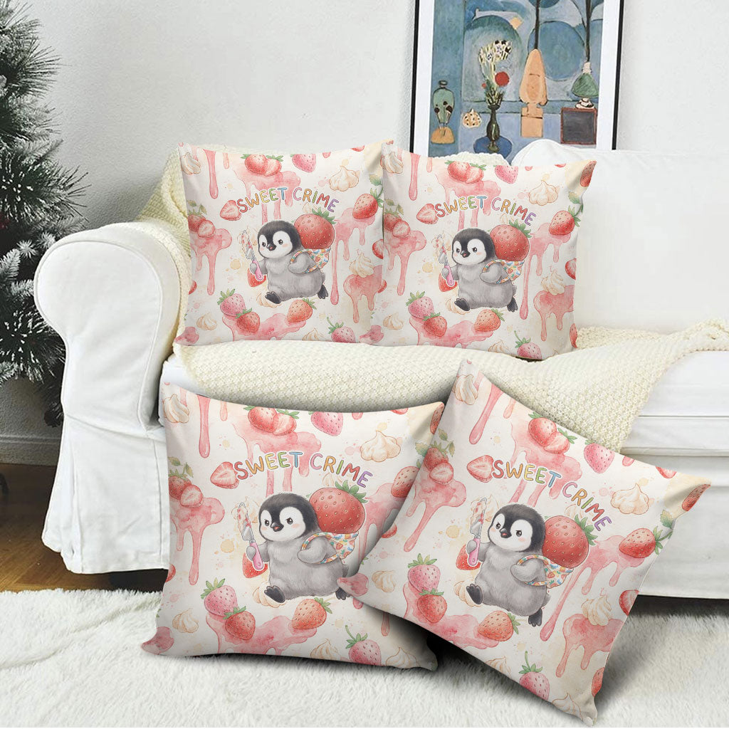 Sweet Crime Cute Penguin Holding Knife Pillow Cover Funny Strawberry Cake Graphic With Pastel Dessert Pattern
