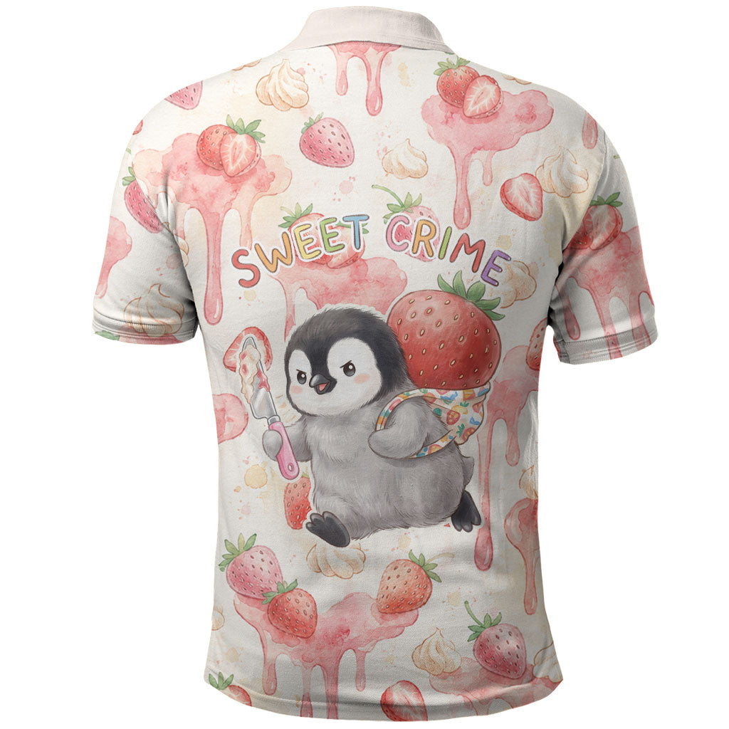 Sweet Crime Cute Penguin Holding Knife Polo Shirt Funny Strawberry Cake Graphic With Pastel Dessert Pattern