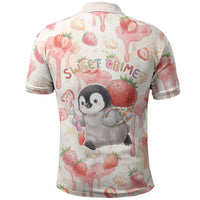 Sweet Crime Cute Penguin Holding Knife Polo Shirt Funny Strawberry Cake Graphic With Pastel Dessert Pattern