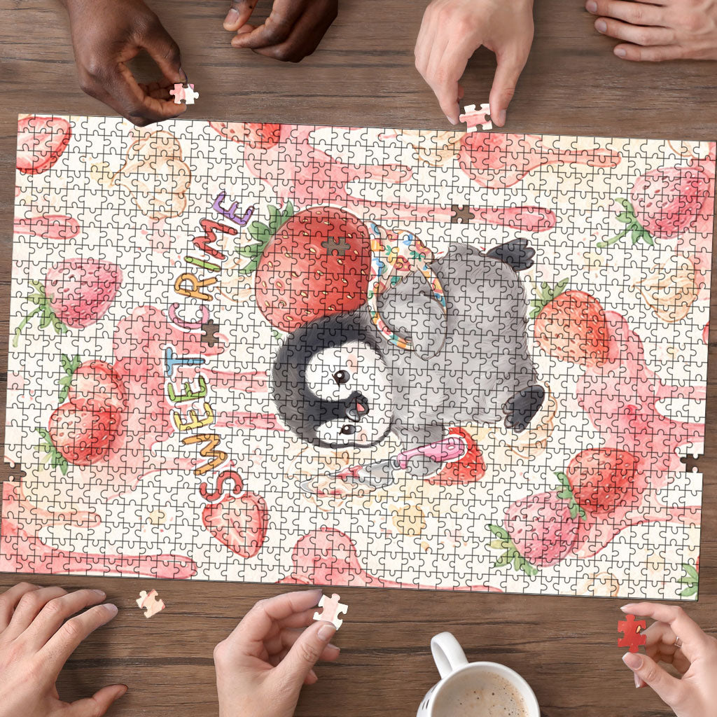 Sweet Crime Cute Penguin Holding Knife Puzzle Funny Strawberry Cake Graphic With Pastel Dessert Pattern