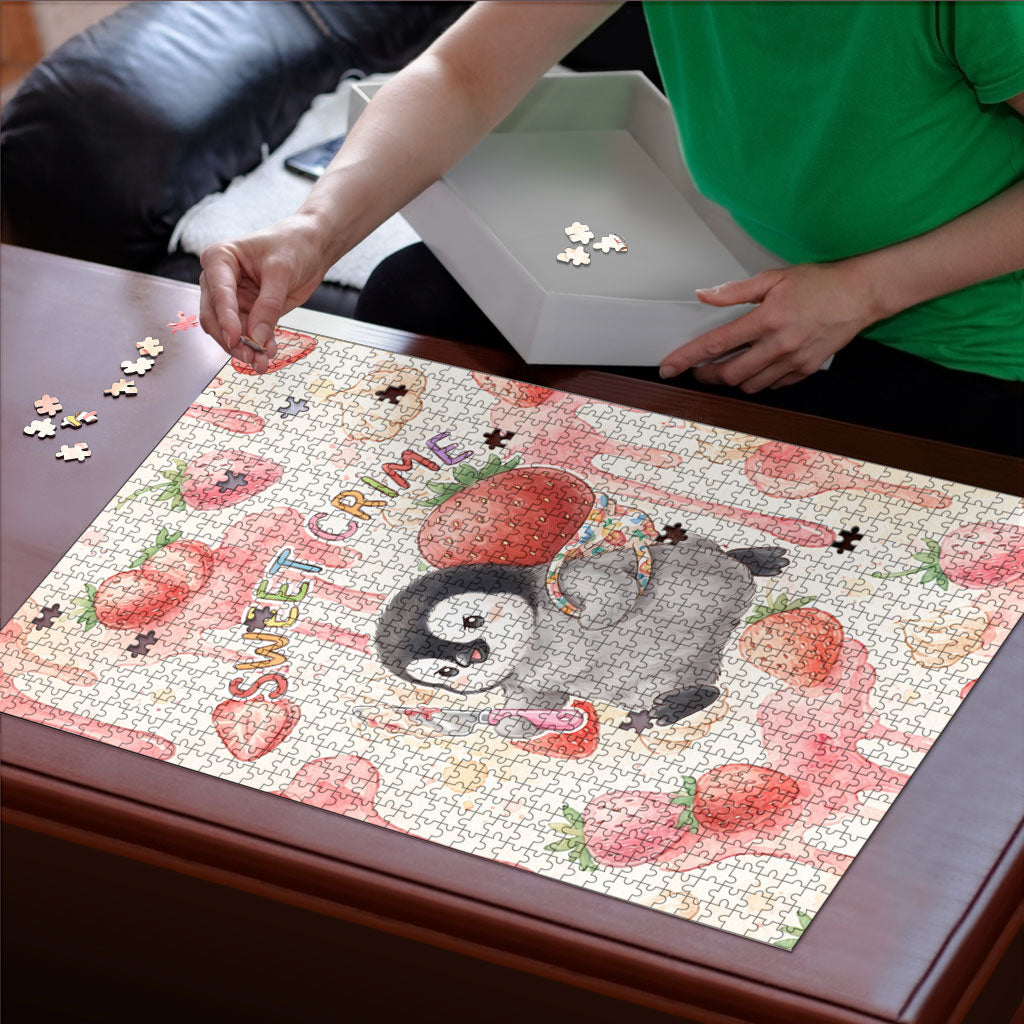 Sweet Crime Cute Penguin Holding Knife Puzzle Funny Strawberry Cake Graphic With Pastel Dessert Pattern