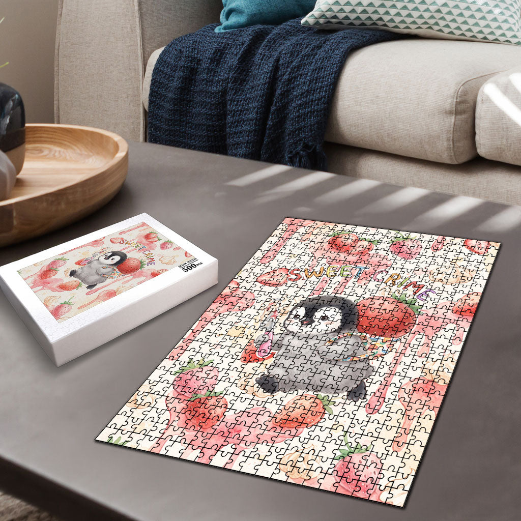 Sweet Crime Cute Penguin Holding Knife Puzzle Funny Strawberry Cake Graphic With Pastel Dessert Pattern