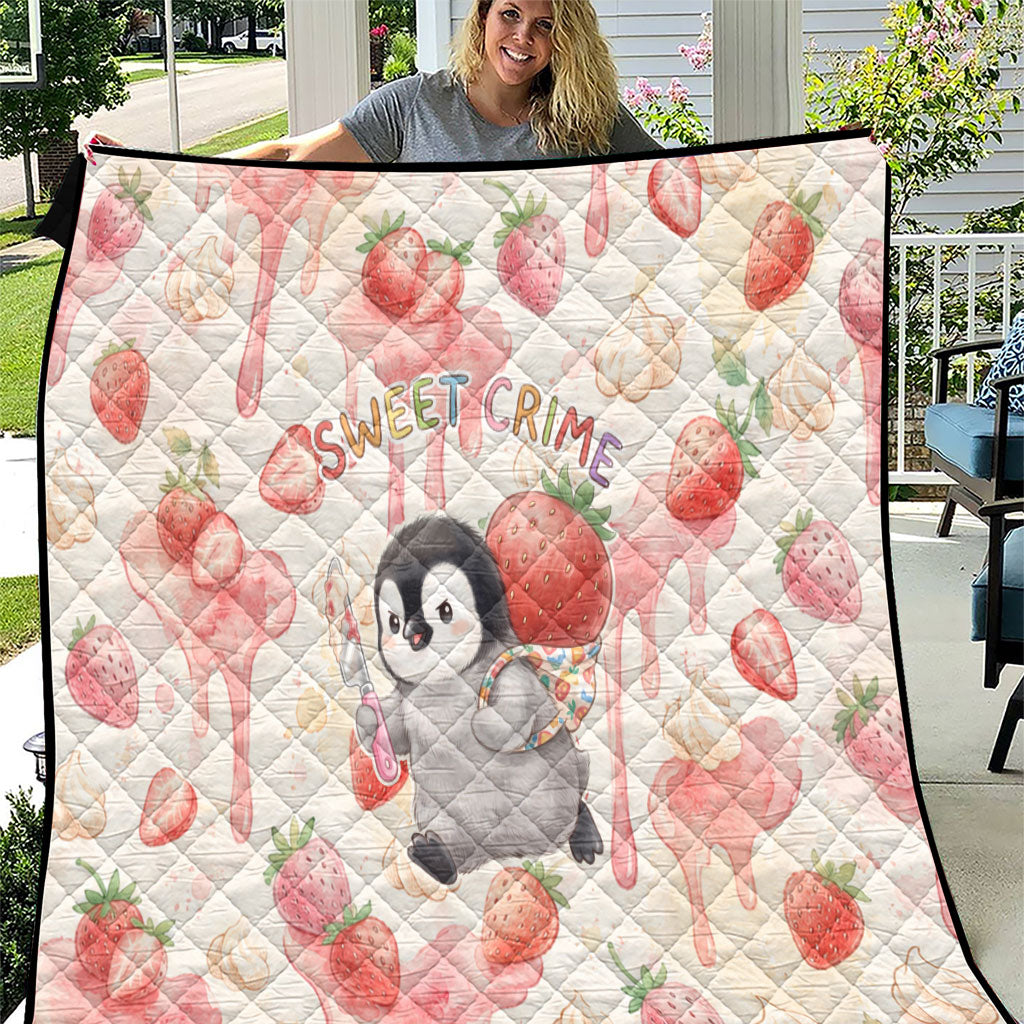 Sweet Crime Cute Penguin Holding Knife Quilt Funny Strawberry Cake Graphic With Pastel Dessert Pattern