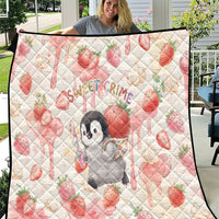 Sweet Crime Cute Penguin Holding Knife Quilt Funny Strawberry Cake Graphic With Pastel Dessert Pattern