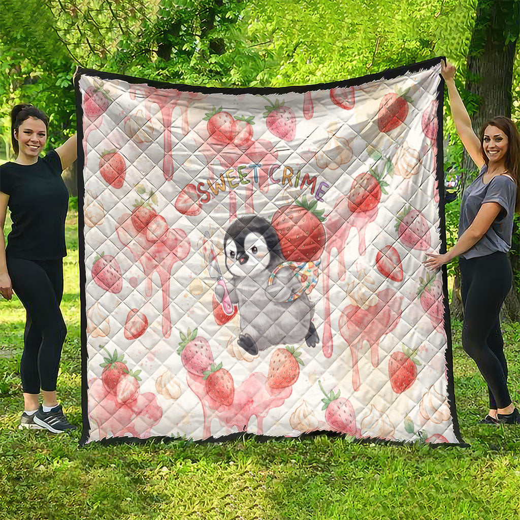 Sweet Crime Cute Penguin Holding Knife Quilt Funny Strawberry Cake Graphic With Pastel Dessert Pattern