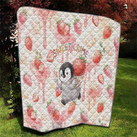 Sweet Crime Cute Penguin Holding Knife Quilt Funny Strawberry Cake Graphic With Pastel Dessert Pattern