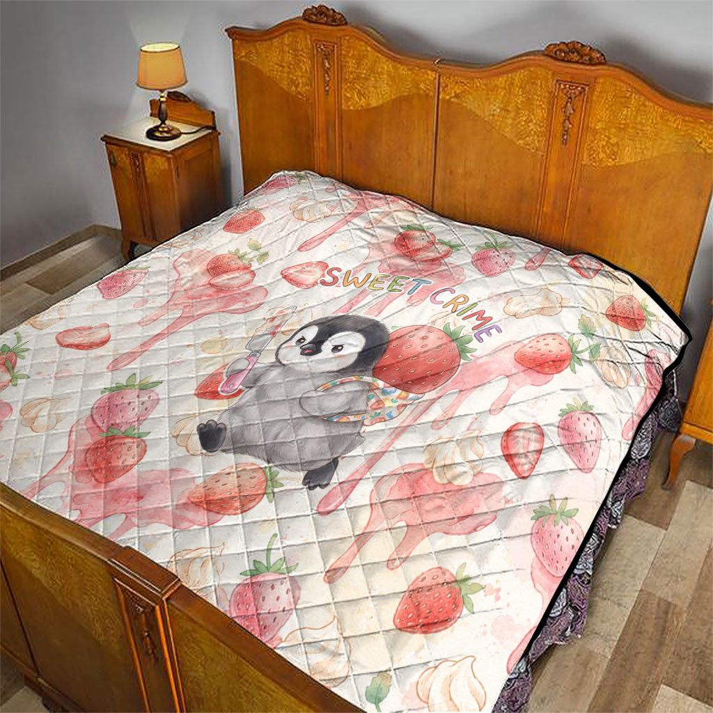 Sweet Crime Cute Penguin Holding Knife Quilt Funny Strawberry Cake Graphic With Pastel Dessert Pattern
