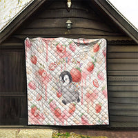 Sweet Crime Cute Penguin Holding Knife Quilt Funny Strawberry Cake Graphic With Pastel Dessert Pattern
