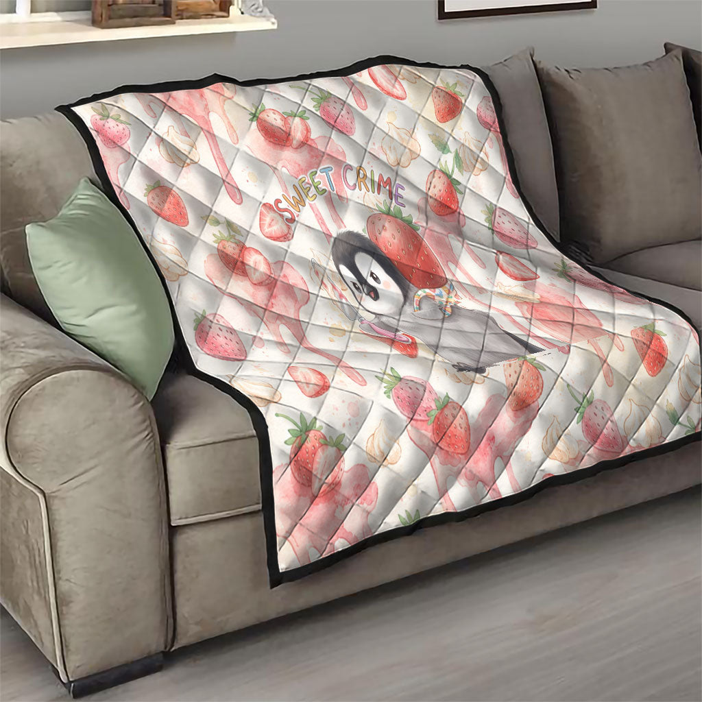 Sweet Crime Cute Penguin Holding Knife Quilt Funny Strawberry Cake Graphic With Pastel Dessert Pattern