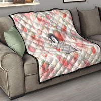 Sweet Crime Cute Penguin Holding Knife Quilt Funny Strawberry Cake Graphic With Pastel Dessert Pattern