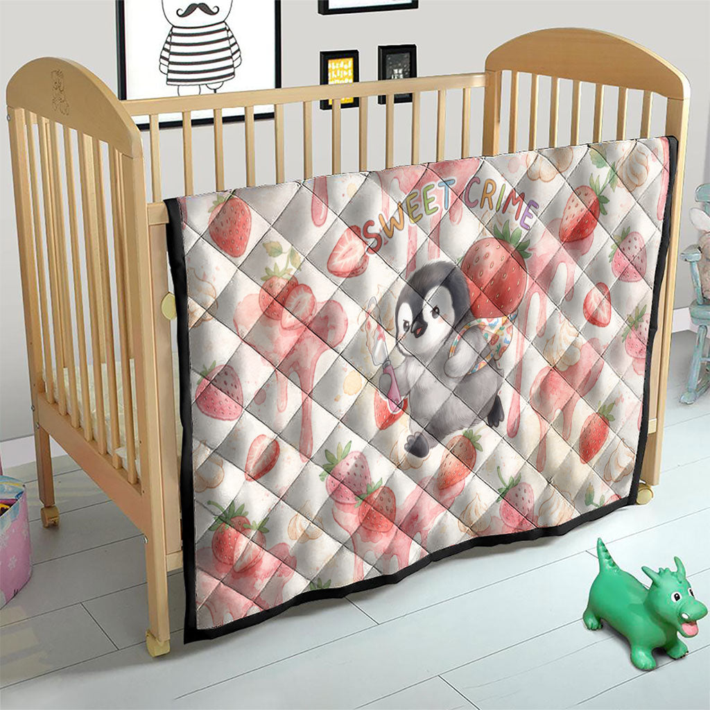 Sweet Crime Cute Penguin Holding Knife Quilt Funny Strawberry Cake Graphic With Pastel Dessert Pattern