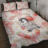 Sweet Crime Cute Penguin Holding Knife Quilt Bed Set Funny Strawberry Cake Graphic With Pastel Dessert Pattern