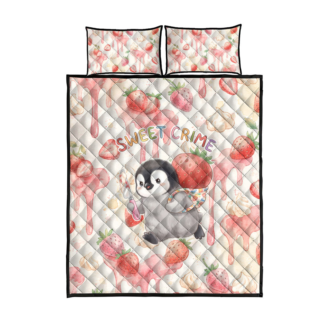 Sweet Crime Cute Penguin Holding Knife Quilt Bed Set Funny Strawberry Cake Graphic With Pastel Dessert Pattern