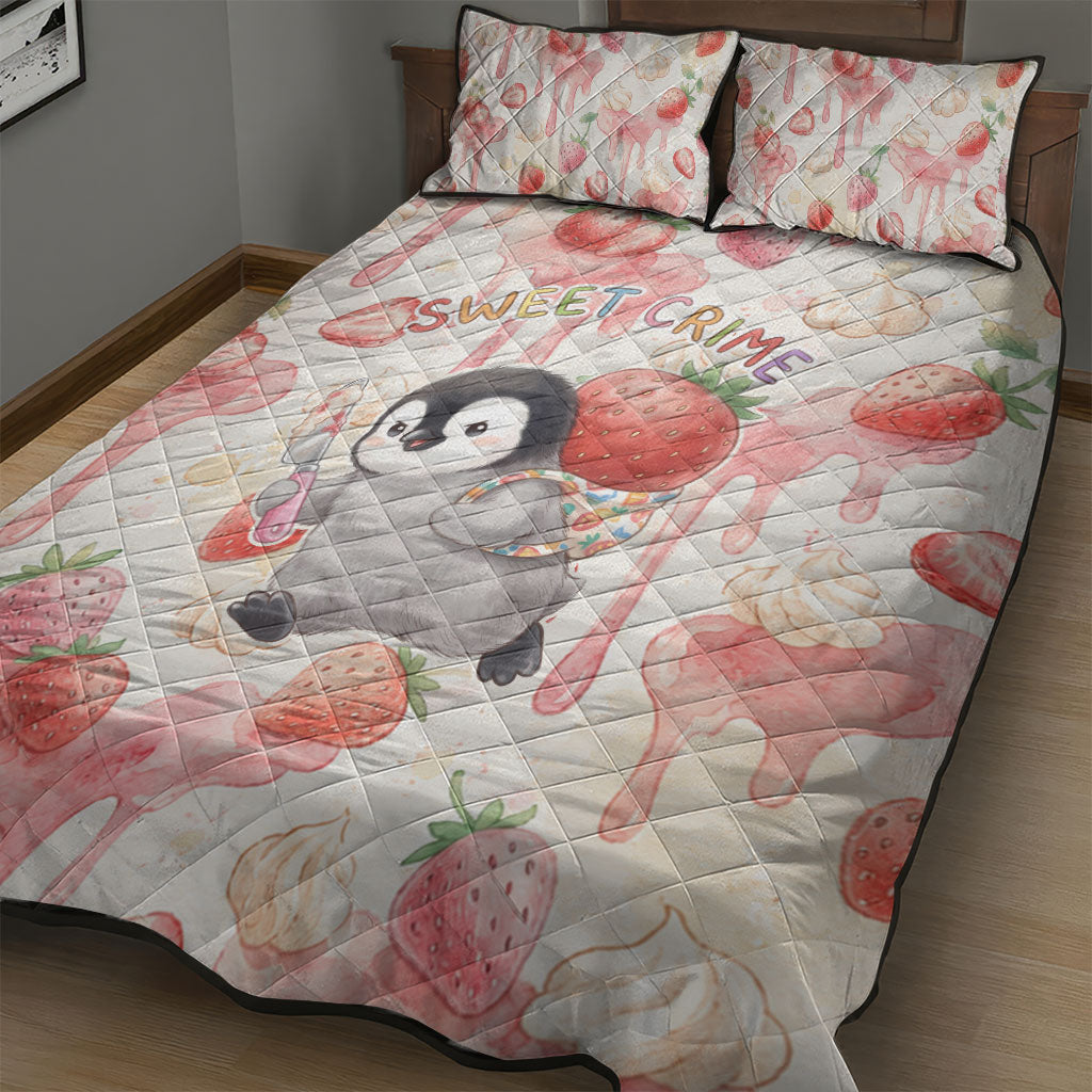 Sweet Crime Cute Penguin Holding Knife Quilt Bed Set Funny Strawberry Cake Graphic With Pastel Dessert Pattern