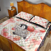 Sweet Crime Cute Penguin Holding Knife Quilt Bed Set Funny Strawberry Cake Graphic With Pastel Dessert Pattern