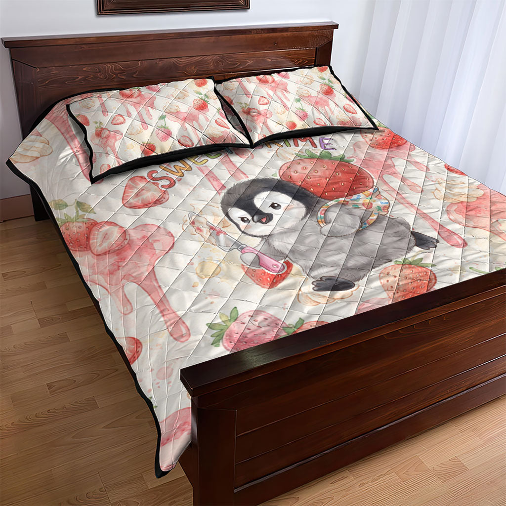 Sweet Crime Cute Penguin Holding Knife Quilt Bed Set Funny Strawberry Cake Graphic With Pastel Dessert Pattern