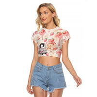 Sweet Crime Cute Penguin Holding Knife Raglan Cropped T Shirt Funny Strawberry Cake Graphic With Pastel Dessert Pattern
