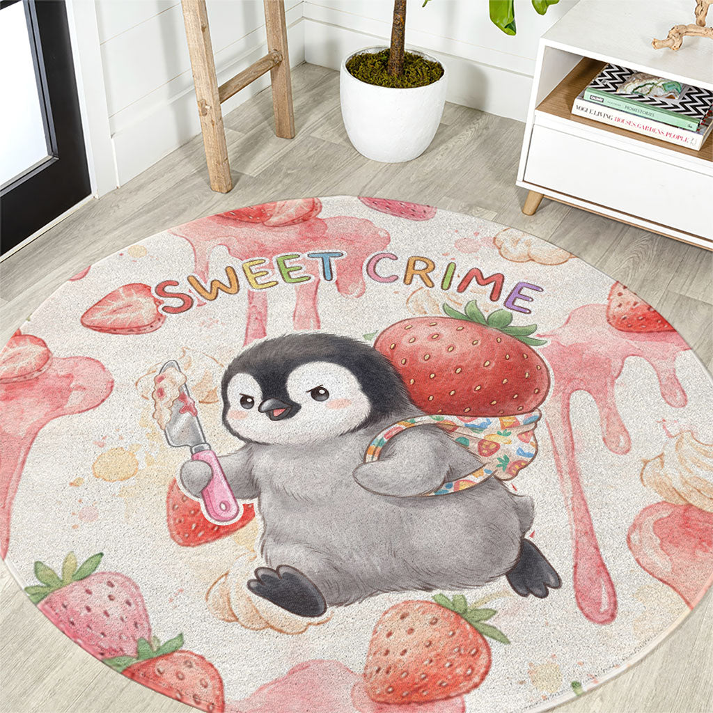 Sweet Crime Cute Penguin Holding Knife Round Carpet Funny Strawberry Cake Graphic With Pastel Dessert Pattern