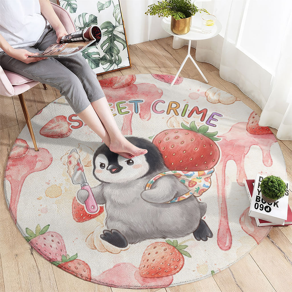 Sweet Crime Cute Penguin Holding Knife Round Carpet Funny Strawberry Cake Graphic With Pastel Dessert Pattern