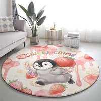 Sweet Crime Cute Penguin Holding Knife Round Carpet Funny Strawberry Cake Graphic With Pastel Dessert Pattern