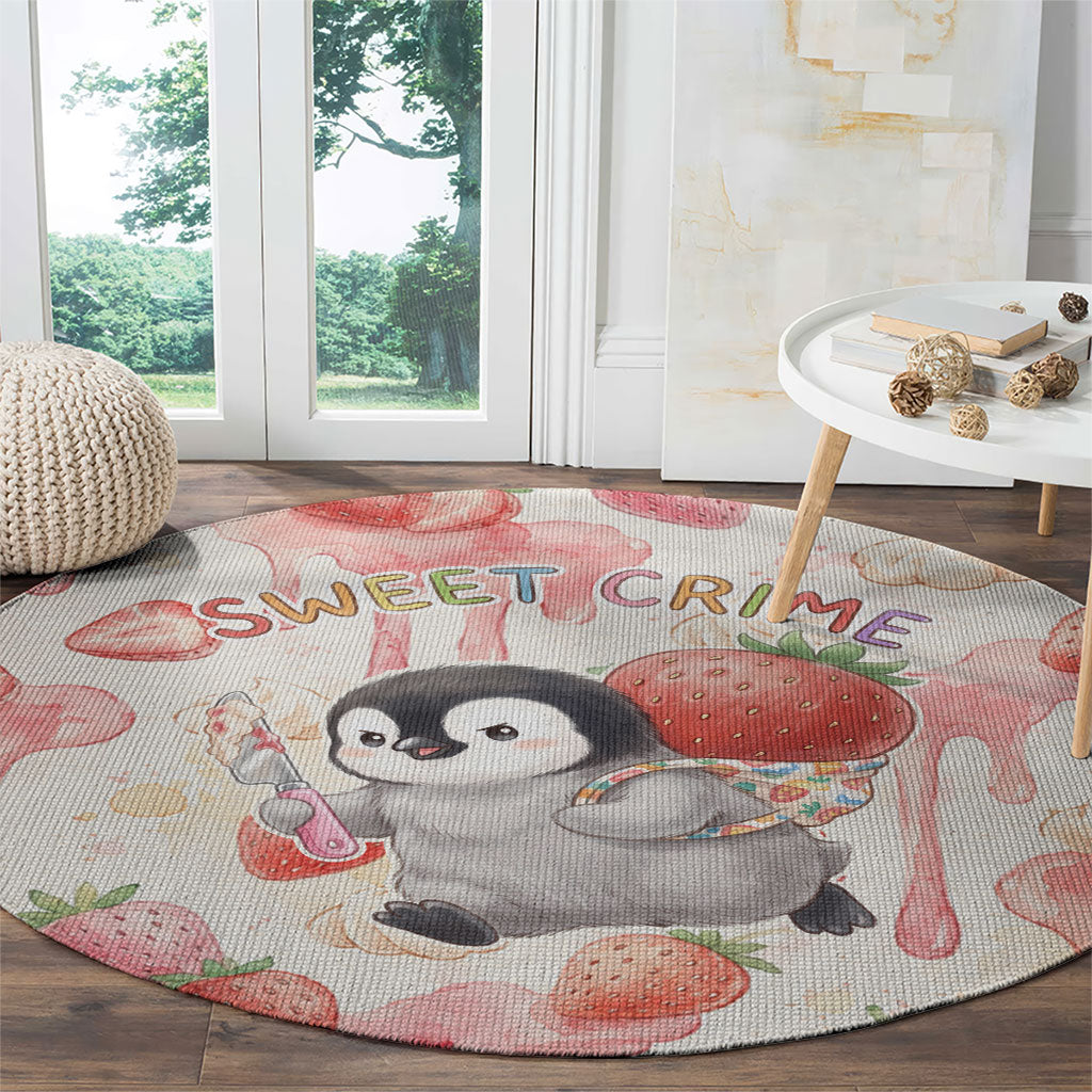 Sweet Crime Cute Penguin Holding Knife Round Carpet Funny Strawberry Cake Graphic With Pastel Dessert Pattern