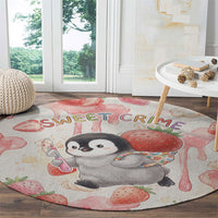 Sweet Crime Cute Penguin Holding Knife Round Carpet Funny Strawberry Cake Graphic With Pastel Dessert Pattern