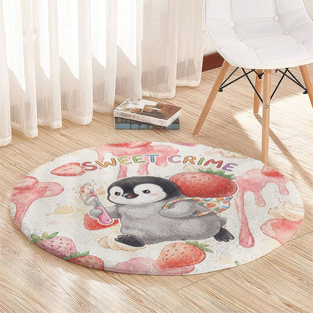 Sweet Crime Cute Penguin Holding Knife Round Carpet Funny Strawberry Cake Graphic With Pastel Dessert Pattern