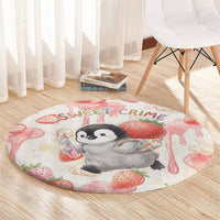 Sweet Crime Cute Penguin Holding Knife Round Carpet Funny Strawberry Cake Graphic With Pastel Dessert Pattern