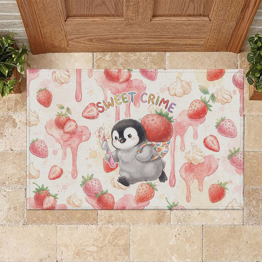 Sweet Crime Cute Penguin Holding Knife Rubber Doormat Funny Strawberry Cake Graphic With Pastel Dessert Pattern