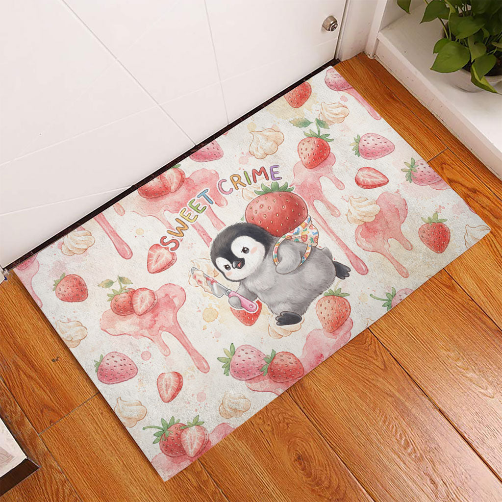 Sweet Crime Cute Penguin Holding Knife Rubber Doormat Funny Strawberry Cake Graphic With Pastel Dessert Pattern