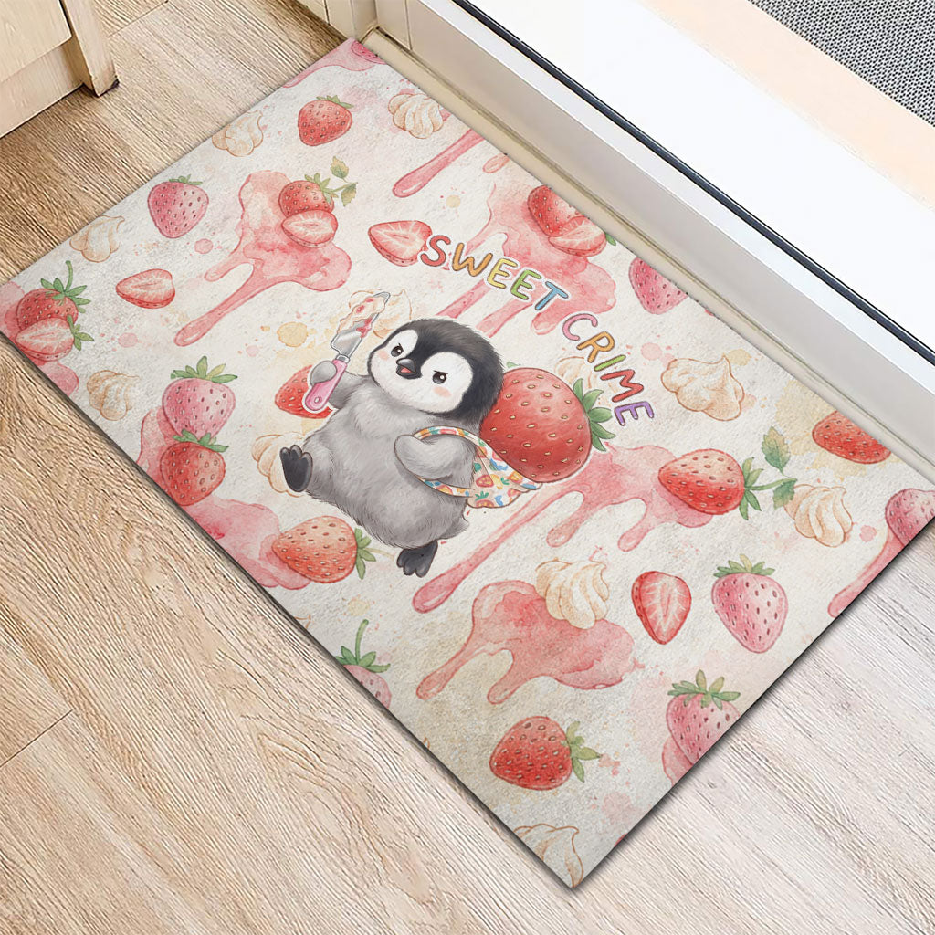 Sweet Crime Cute Penguin Holding Knife Rubber Doormat Funny Strawberry Cake Graphic With Pastel Dessert Pattern