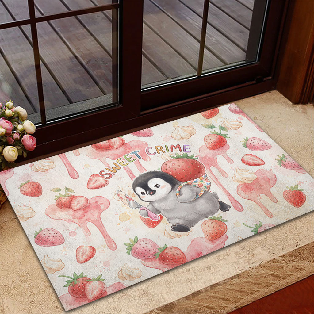 Sweet Crime Cute Penguin Holding Knife Rubber Doormat Funny Strawberry Cake Graphic With Pastel Dessert Pattern