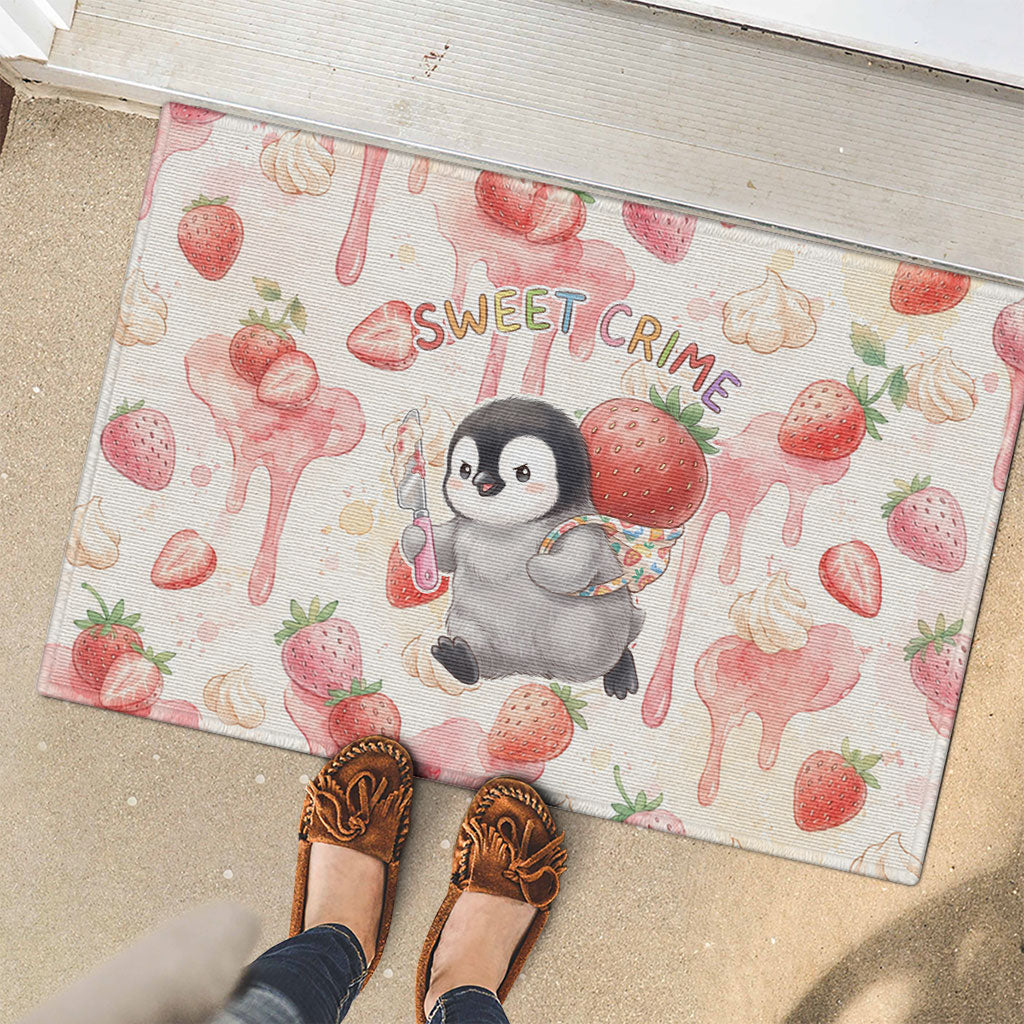 Sweet Crime Cute Penguin Holding Knife Rubber Doormat Funny Strawberry Cake Graphic With Pastel Dessert Pattern