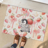 Sweet Crime Cute Penguin Holding Knife Rubber Doormat Funny Strawberry Cake Graphic With Pastel Dessert Pattern