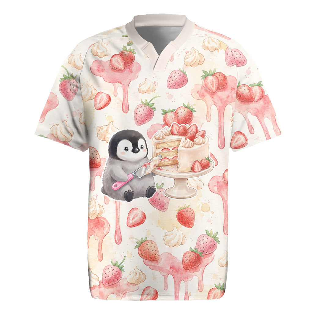 Sweet Crime Cute Penguin Holding Knife Rugby Jersey Funny Strawberry Cake Graphic With Pastel Dessert Pattern
