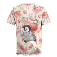Sweet Crime Cute Penguin Holding Knife Rugby Jersey Funny Strawberry Cake Graphic With Pastel Dessert Pattern