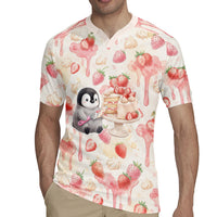 Sweet Crime Cute Penguin Holding Knife Rugby Jersey Funny Strawberry Cake Graphic With Pastel Dessert Pattern