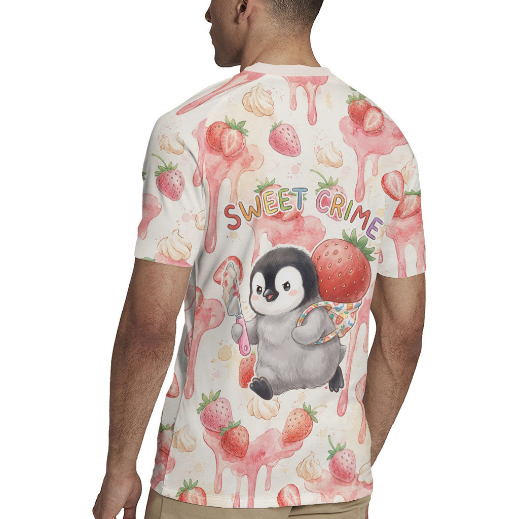Sweet Crime Cute Penguin Holding Knife Rugby Jersey Funny Strawberry Cake Graphic With Pastel Dessert Pattern